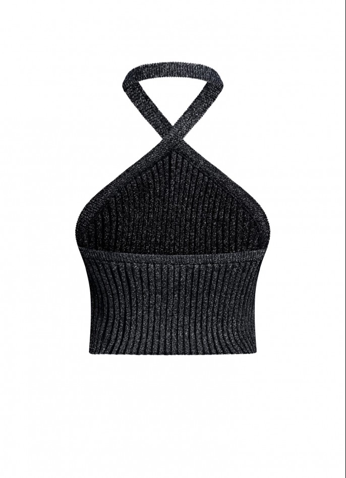 RIBBED KNIT HALTERNECK CROP TOP - METALLIC BLACK